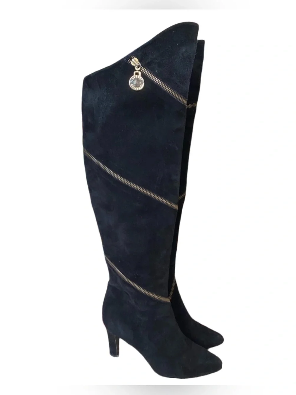 STUAR WEITZMAN Vintage Black Over-the-Knee Suede Boots w/ Gold Zipper Trim - 6.5